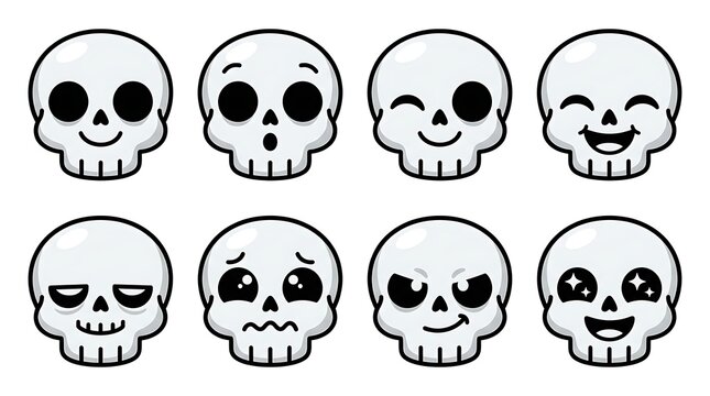 Set of cute cartoon skulls with different facial expressions, funny Halloween vector illustrations