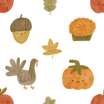 Cute Watercolor Autumn Illustration. Cozy Hand Drawn Fall design elements. Thanksgiving day seamless pattern