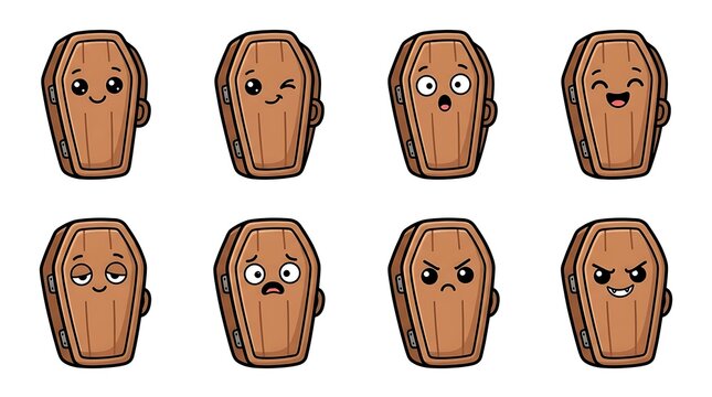 Cute Coffin Characters with Various Expressions, Perfect for Halloween or Spooky Themed Designs