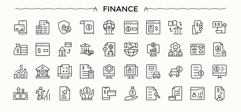 Finance icon set. Money icon set. Outline icons pack. Pack of earning, budget, revenue, money, business and more. Editable stroke. Vector collection.