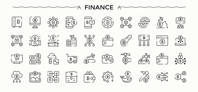 Finance icon pack. Financial modern icon set. Icons for UI design. Contains outline symbols like credit, budget, payment, fund, bank, revenue, business and more. Pixel perfect. Vector illustration.