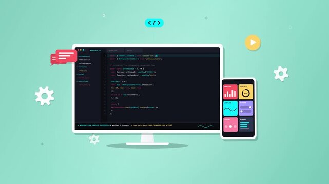 Professional Software Development Concept with Computer Coding and Mobile Application Interface Design