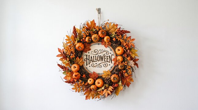 Halloween autumn wreath photo. Festive front door decoration with orange pumpkins. Fall foliage and berries hanging on a white wall. Seasonal holiday celebration concept