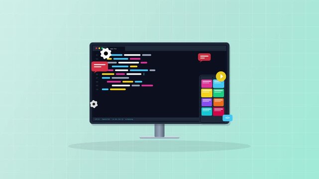 Computer monitor showing software code development interface and web programming application workflow