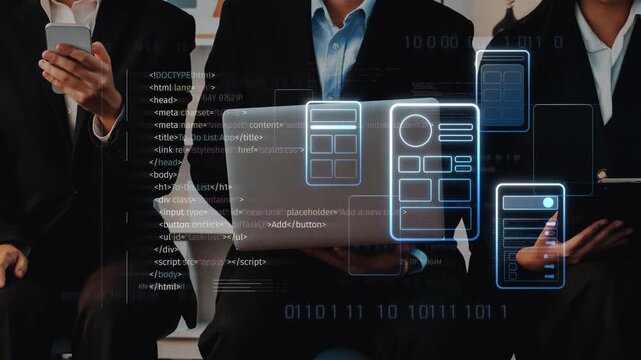 Business professionals are engaged in a collaborative meeting, showcasing advanced technology through digital interfaces on devices, enhancing communication and strategy. Raster