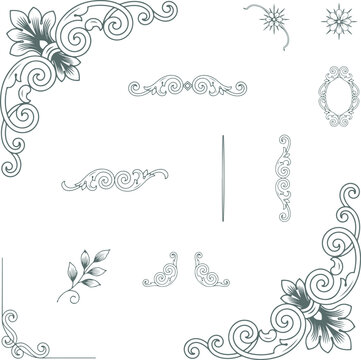 Grey Vintage Ornamental Corners and Flourish Dividers Line Art Set featuring Acanthus Leaf Corner Borders, Swirling Scrollwork Dividers, Star Burst Vignette, Small Oval Medallion Frame, Vertical Scrol