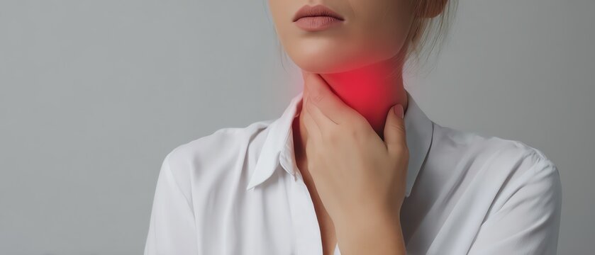 Woman experiencing throat discomfort.