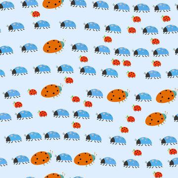 Seamless pattern of blue and orange ladybugs