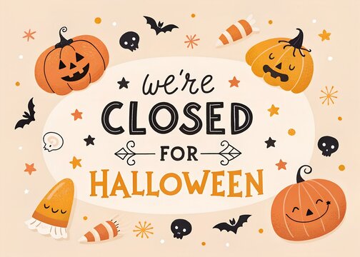 Halloween business closure announcement poster for retail stores, cafes, restaurants and offices with festive October 31 holiday notice, spooky seasonal storefront signage  