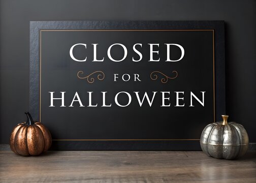 Halloween business closure announcement poster for retail stores, cafes, restaurants and offices with festive October 31 holiday notice, spooky seasonal storefront signage  