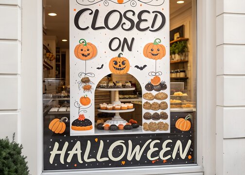 Halloween business closure announcement poster for retail stores, cafes, restaurants and offices with festive October 31 holiday notice, spooky seasonal storefront signage  