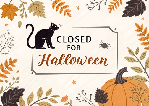 Halloween business closure announcement poster for retail stores, cafes, restaurants and offices with festive October 31 holiday notice, spooky seasonal storefront signage  