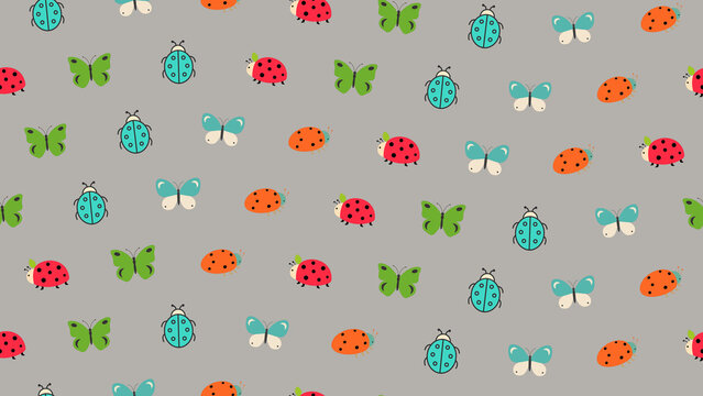Seamless pattern of cartoon ladybugs and butterflies
