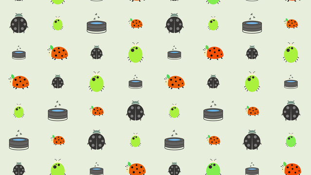 Seamless pattern of cartoon ladybugs and green insects