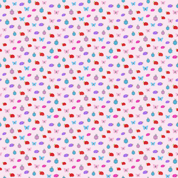 Seamless pattern of colorful cartoon ladybugs and butterflies