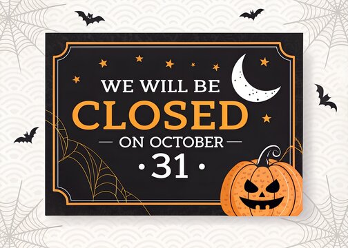Halloween business closure announcement poster for retail stores, cafes, restaurants and offices with festive October 31 holiday notice, spooky seasonal storefront signage  