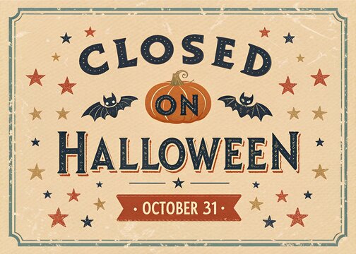 Halloween business closure announcement poster for retail stores, cafes, restaurants and offices with festive October 31 holiday notice, spooky seasonal storefront signage  
