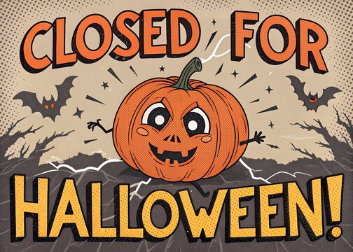 Halloween business closure announcement poster for retail stores, cafes, restaurants and offices with festive October 31 holiday notice, spooky seasonal storefront signage  