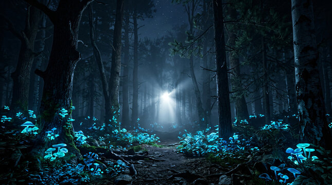 Enchanted Night Forest with Bioluminescent Blue Plants and Foggy Light