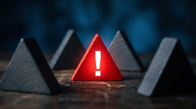 Glowing red warning triangle among dark geometric shapes representing critical system error and security alert
