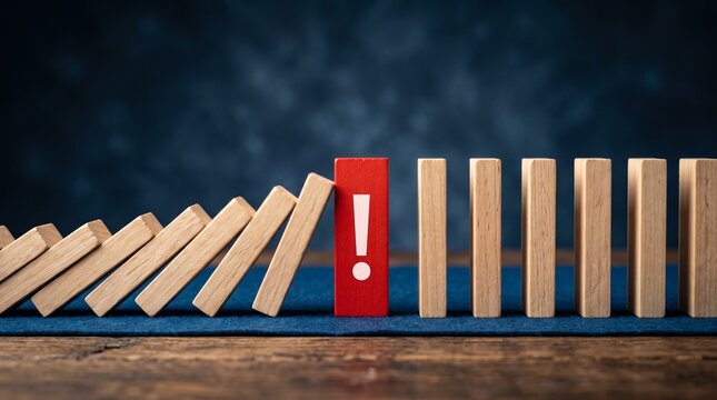 Intervention strategy concept showing a red exclamation block stopping falling dominoes to prevent business crisis
