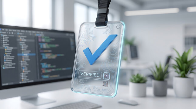Transparent security pass badge with verified checkmark, modern office identity credential lanyard, IT system verification and access control concept