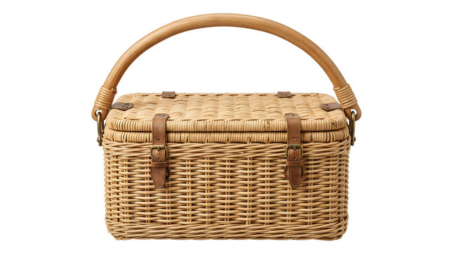 Classic woven wicker picnic basket with leather straps on an isolated background.