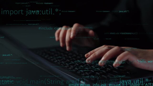 A programmer hands are actively typing on a keyboard, with digital elements and code streams floating in a dark environment, symbolizing the world of technology. Xenic