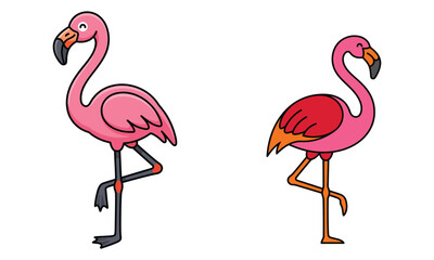 Obraz premium Cute cartoon flamingo vector illustration set with exotic pink birds standing on one leg