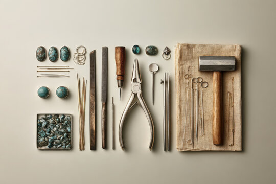 Artisan jewellery making flat lay with turquoise stones, metalwork tools, pliers, files, wire, hammer and findings arranged on a neutral surface.