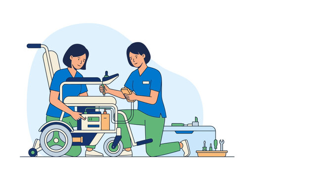 Healthcare Professionals Repairing Electric Wheelchair on Transparent Background