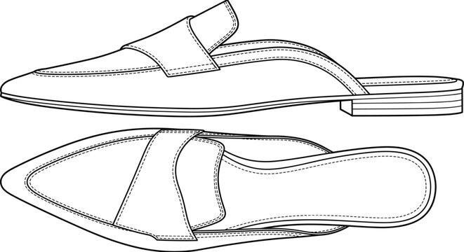 Black and white line art illustration of women's backless loafer mule shoes side and top view outline.