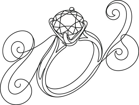 Continuous one line drawing of an elegant diamond engagement ring with decorative swirls for wedding concepts.