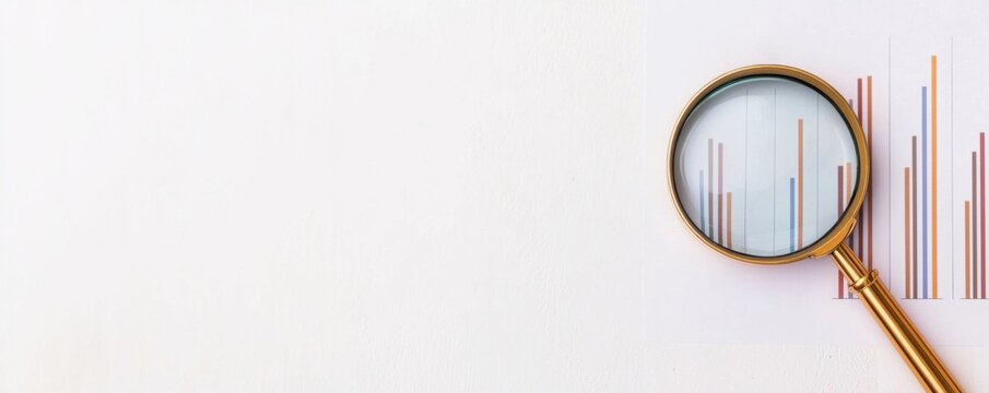 A magnifying glass closely examines a colorful bar chart on a white surface, symbolizing data analysis and business insights.