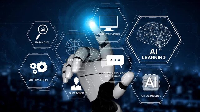 AI learning system involves deep learning, supervised machine learning, and natural language processing. AI learning diagram shows how AI advances learn in automation and data processing. Muxer