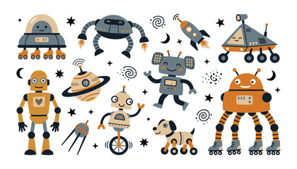 Cute outer space robots vector elements set with friendly androids rover rocket satellite planet dog and stars for kids design © CREATIVE STUDIO BD