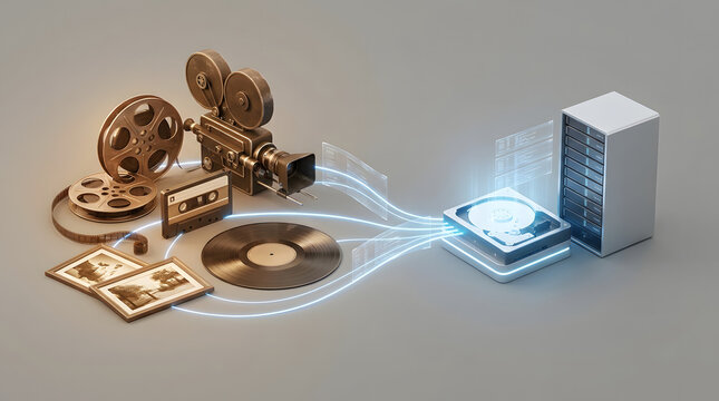 Vintage media equipment being digitized and transferred into a modern digital server storage system.