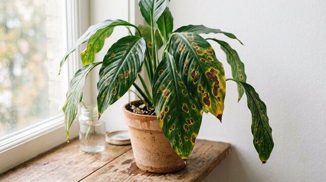 Peace lily affected by fungal leaf spot, several leaves showing brown lesions and yellow discoloration, realistic houseplant photography