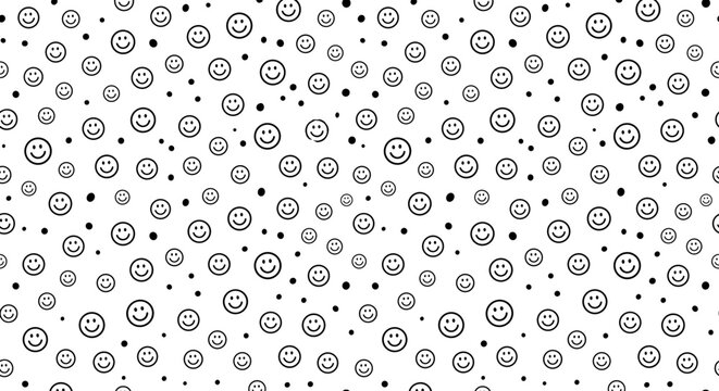 Cute smiley face black and white seamless pattern with dots isolated on white background