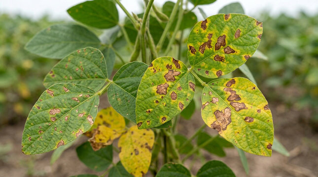 Soybean leaves showing fungal infection, irregular brown lesions and yellowing areas across several leaves, realistic crop photography,