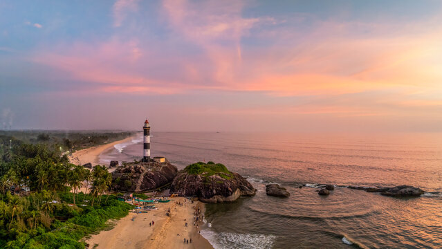 A magical evening and sunset at Kapu (kaup) Beach, near Udupi, India featuring the famous lighthouse