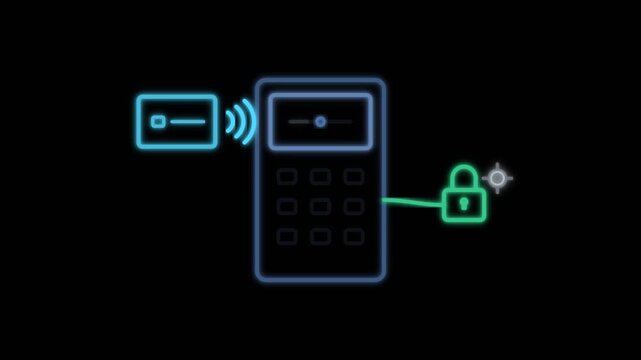 Glowing POS payment terminal and secure padlock icon animation