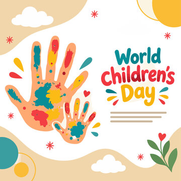 World Childrens Day colorful handprints illustration with festive text