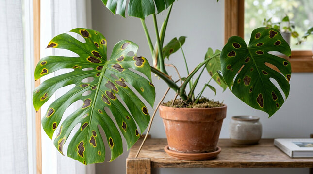 Monstera plant with bacterial leaf disease, large leaves showing yellow halos and dark brown lesions, realistic indoor plant