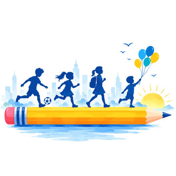 Back to school children silhouettes running on a giant pencil graphic