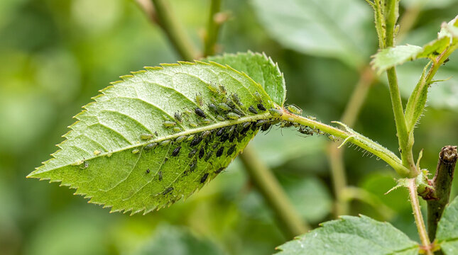 Rose leaf infested with aphids, clusters of tiny insects gathered around young leaves and stems