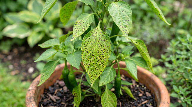 Chili pepper plant with bacterial leaf spot, numerous small dark lesions across green leaves