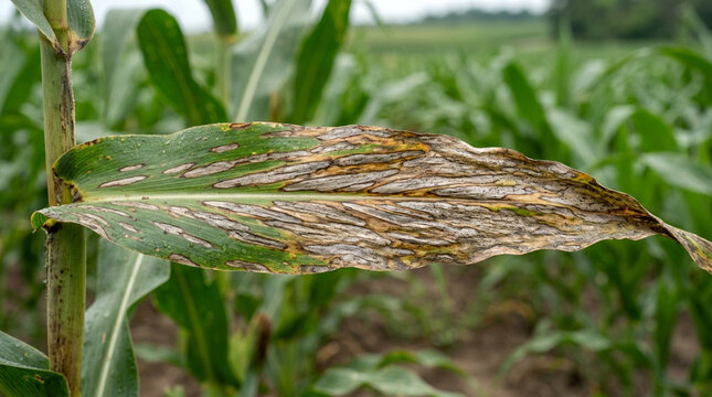 Corn leaf showing severe fungal disease with elongated brown and gray lesions, realistic agricultural photography, 