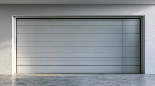 Modern closed white garage door on textured wall with concrete floor in front.