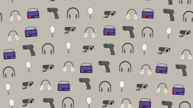 Pattern of icons: headphones, radio, camera, thermometer, mirror